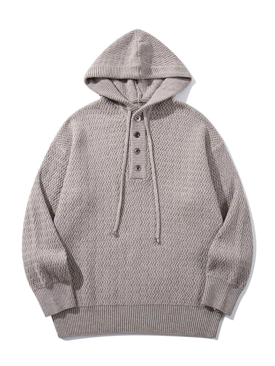 Unisex Strukturierter Kapuzen‑Strickpullover mit Henley‑Knopfleiste Shop Nory