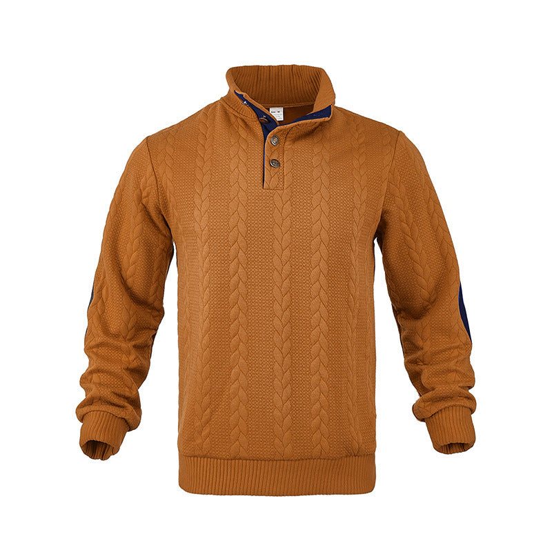 Herren Kabelstrick-Pullover mit Stehkragen, Knopfleiste & Ellbogenpatches Shop Nory
