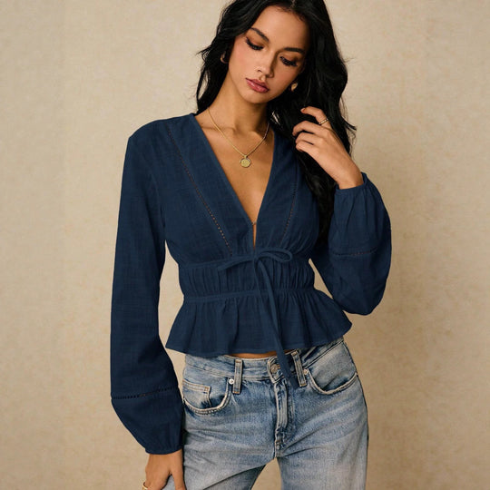 Damen Bluse mit tiefem V‑Ausschnitt, Kordel‑Taillenband und Volant Shop Nory