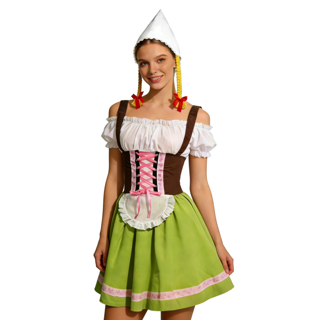 Damen nan traditionelles Dirndl-Kostüm mit Schnürung, Schürze und spitzem Kopftuch Shop Nory