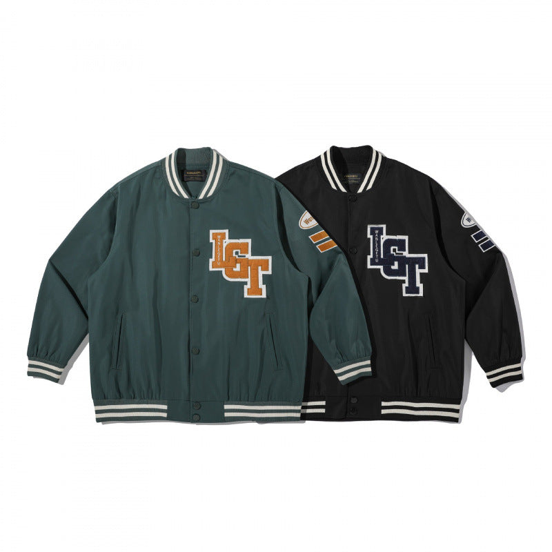 Unisex College-Bomberjacke mit gestepptem Patch, gestreiften Rippsäumen und Druckknopfleiste Shop Nory