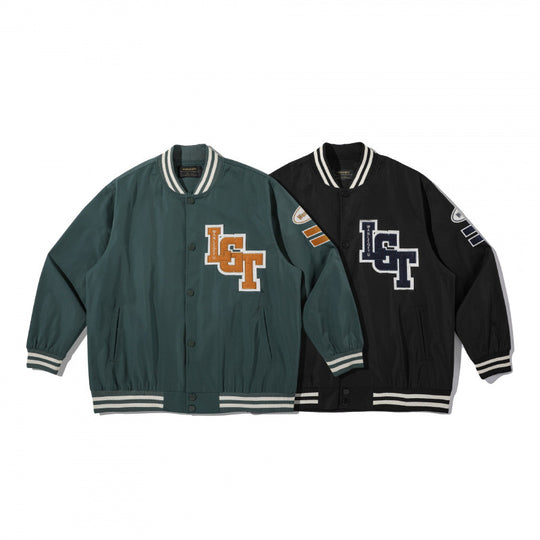 Unisex College-Bomberjacke mit gestepptem Patch, gestreiften Rippsäumen und Druckknopfleiste Shop Nory