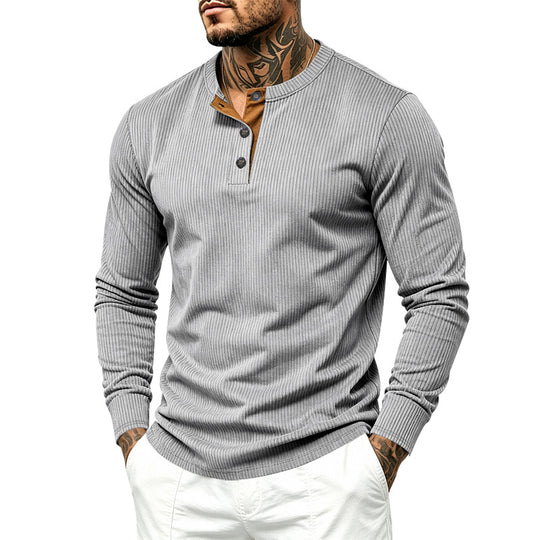 Herren Geripptes Langarm-Henley mit Stehkragen, Kontrast-Knopfleiste und Rippbündchen Shop Nory