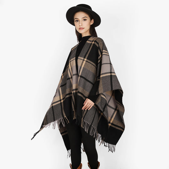 Damen Rechteckiger Plaid‑Überwurf mit weichem Wollmix und Fransensaum Shop Nory