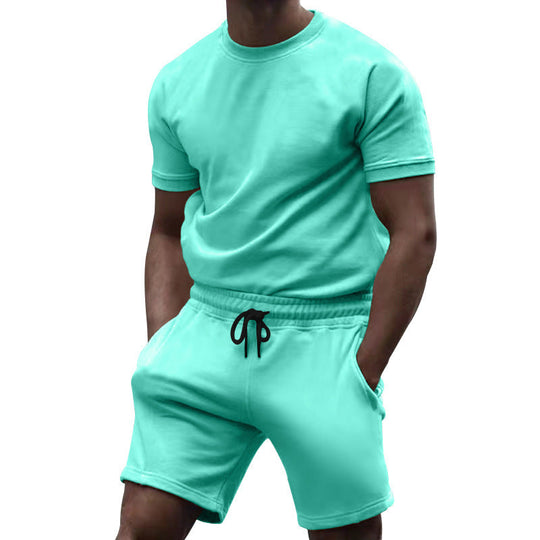Herren nan kurzärmeliges Sweat-Set aus weichem Sweatstoff mit Rundhalsshirt und Kordelzug-Shorts