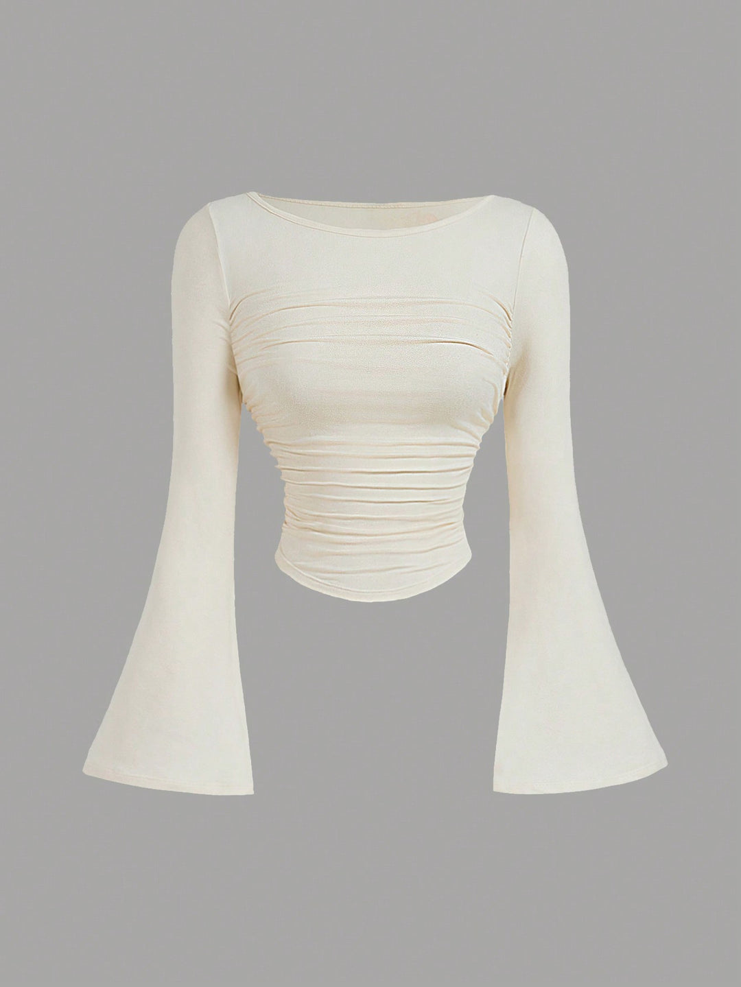 Damen Figurbetontes Langarmshirt mit Carmenausschnitt, gerafftem Rumpf und Trompetenärmeln Shop Nory