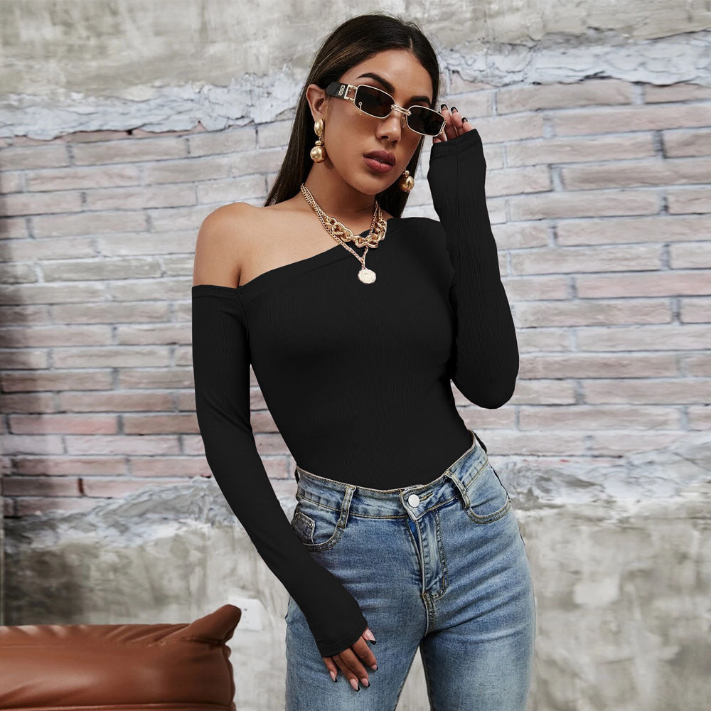 Damen asymmetrisches One-Shoulder Longsleeve-Top mit schlanker Sculpting-Passform und feiner Rippstruktur Shop Nory