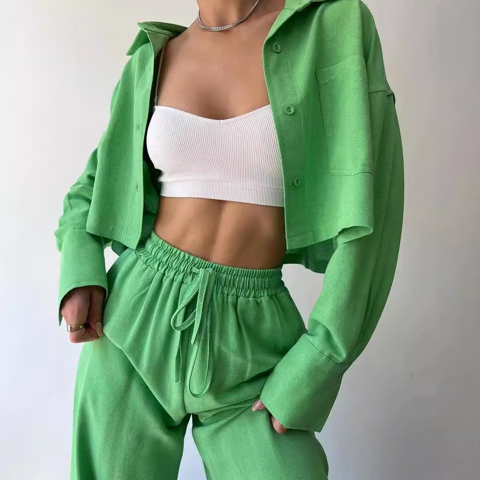Damen Leinenoptik-Loungewear-Set mit Cropped-Overshirt und High-Waist-Tunnelzughose Shop Nory