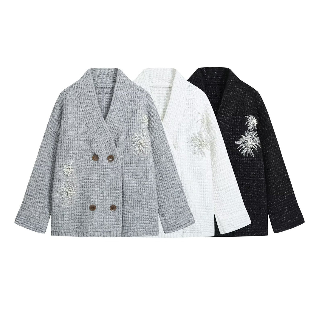 Damen Waffel-Strick-Cardigan mit doppelreihiger Knopfleiste und Schmuckapplikation Shop Nory