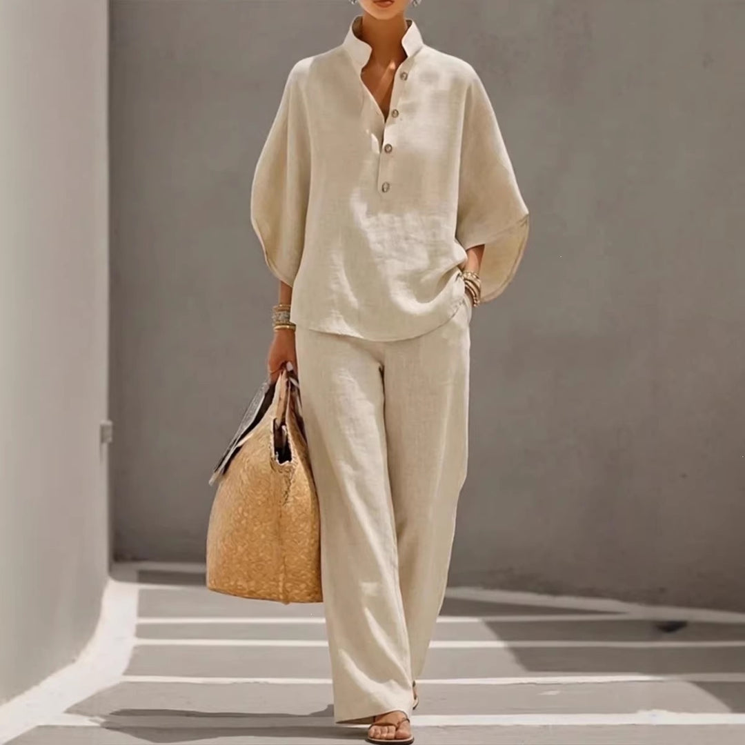 Damen Lockeres Leinenoptik-Zweiteiler mit Stehkragenbluse und weitem Palazzo-Hose Shop Nory