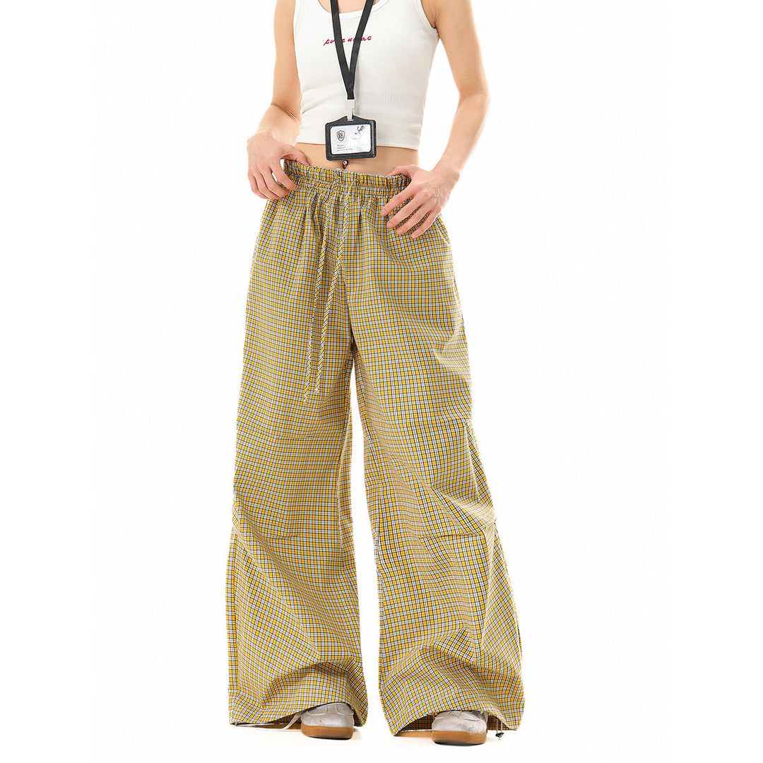 Damen Weite Baumwollhose mit elastischem Bund, Karomuster und verstellbarer Saumkordel Shop Nory