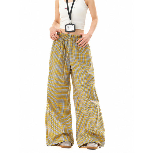 Damen Weite Baumwollhose mit elastischem Bund, Karomuster und verstellbarer Saumkordel Shop Nory