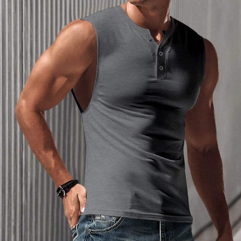 Herren nan ärmelloses Muskelshirt mit Henley-Knopfleiste, tiefem Armausschnitt und elastischem Baumwollmix