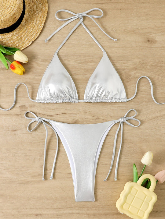 Damen Glänzendes Triangel-Bikini-Set mit verstellbaren Bändern