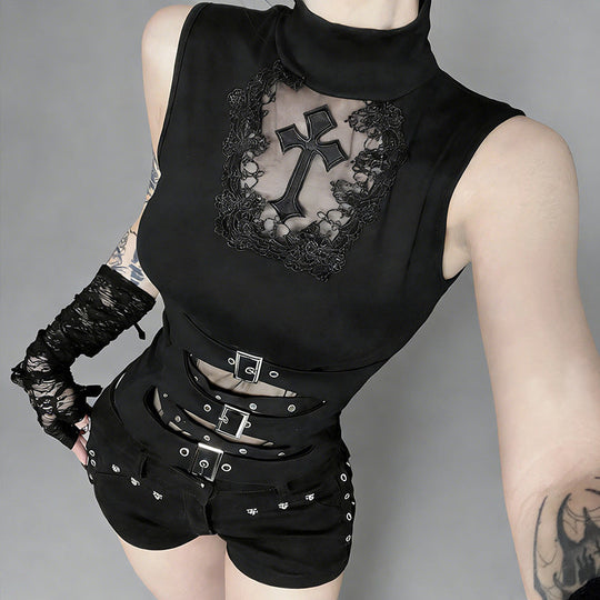 Damen Gothic Body mit dekorativem Spitzen- und Kreuzdesign und tailliertem Schnitt