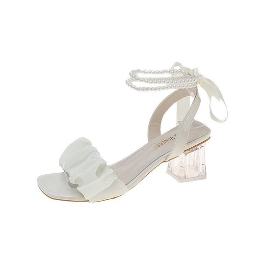 Damen Offene Riemchensandalen mit Perlenbesatz, Rüschenfront und transparentem Blockabsatz Shop Nory