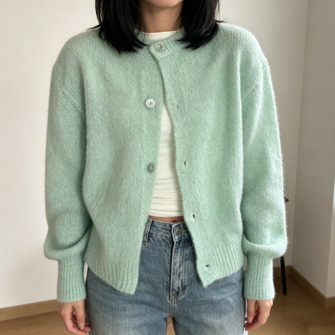 Damen Kuschelige Mohair-Optik Strickjacke mit Rundhals und Ballonärmeln Shop Nory