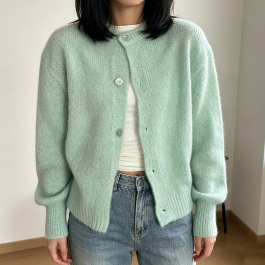 Damen Kuschelige Mohair-Optik Strickjacke mit Rundhals und Ballonärmeln Shop Nory