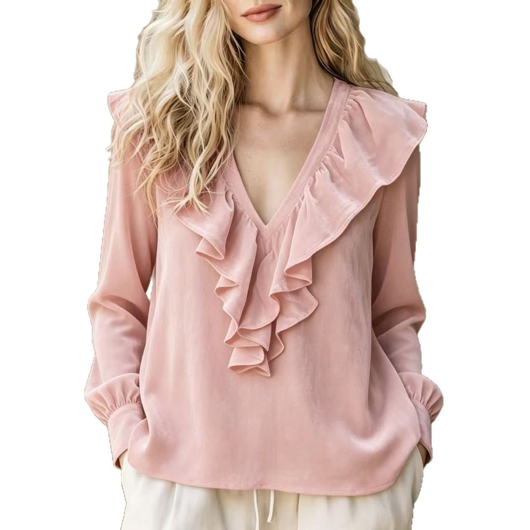 Damen Rüschige V-Ausschnitt-Bluse aus Chiffon mit Volantkragen und elastischen Manschetten Shop Nory