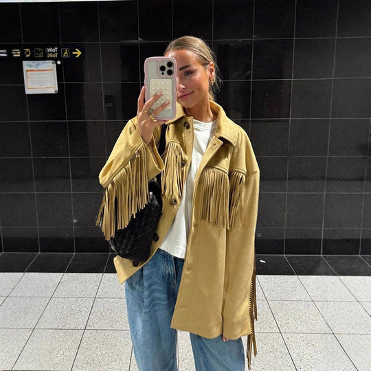 Damen Oversize Fransenjacke im Westernstil aus Veloursleder-Optik mit Hemdkragen Shop Nory