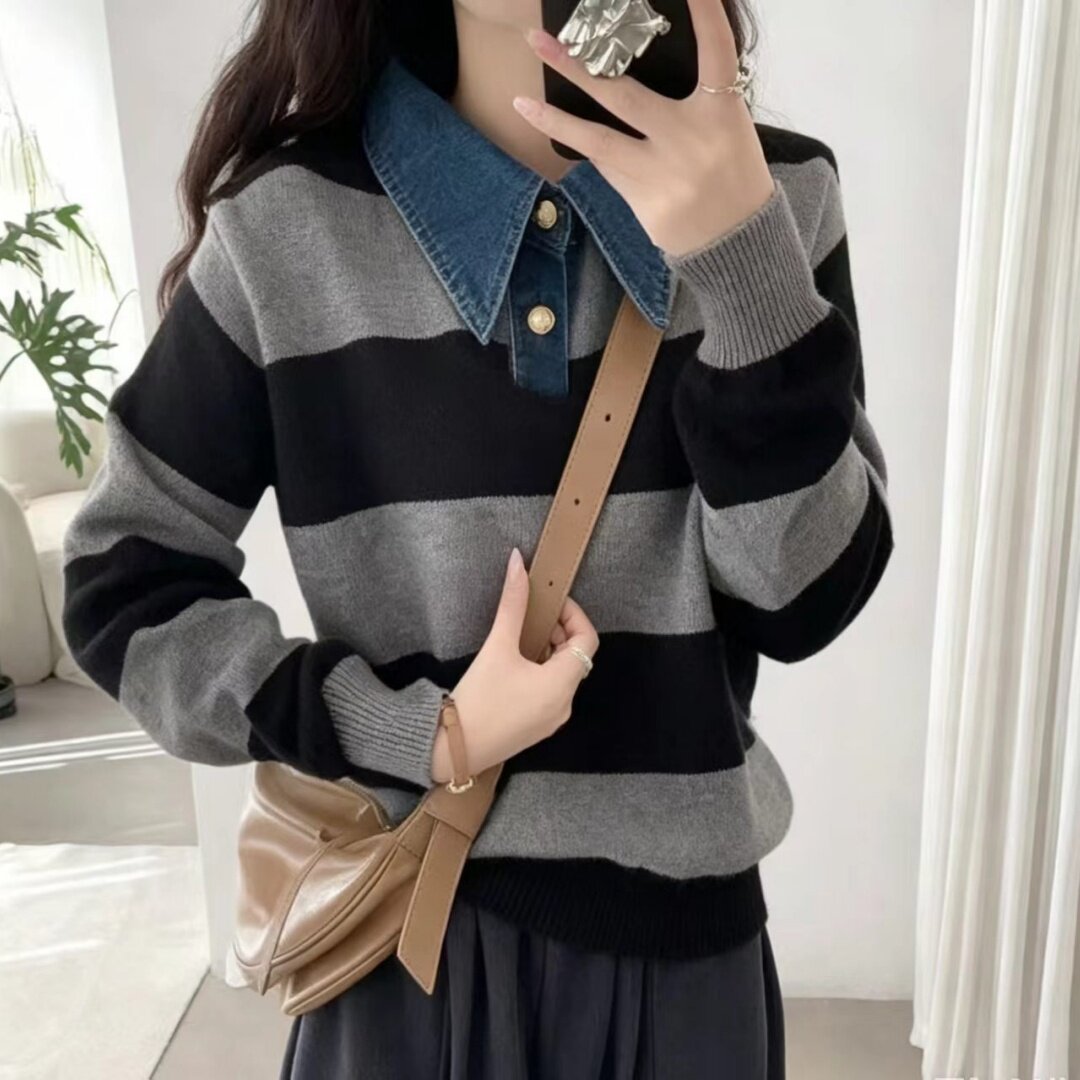 Damen Stilvoller Pullover mit Denim-Kragen Shop Nory