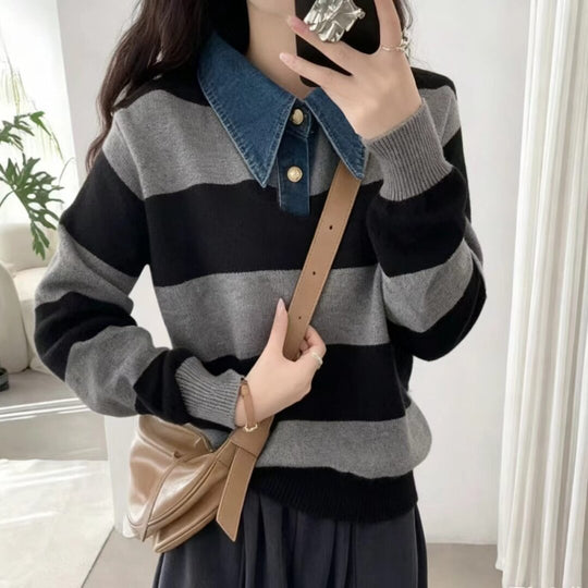 Damen Stilvoller Pullover mit Denim-Kragen Shop Nory