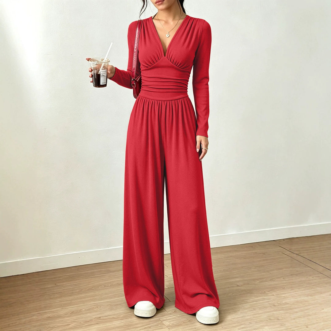 Damen Eleganter V‑Ausschnitt Jumpsuit mit tailliertem Wickelbund und weitem Hosenbein Shop Nory