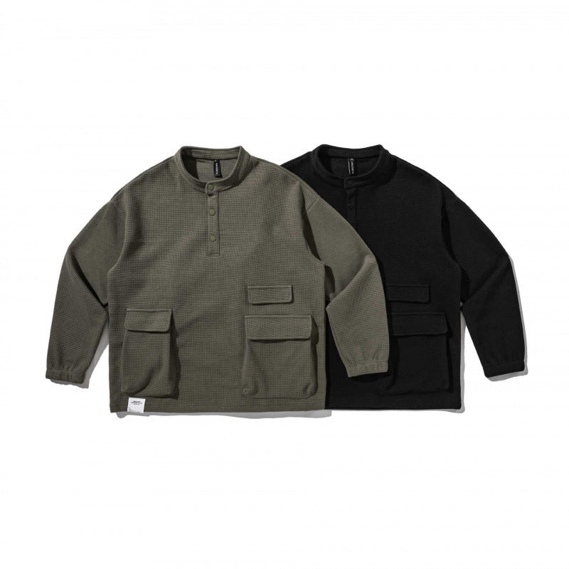 Unisex Oversize Waffelstrick-Henley-Sweatshirt mit Stehkragen, Druckknopfleiste und Utility-Taschen Shop Nory