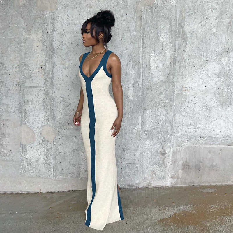 Damen elegantes Maxikleid mit tiefem V-Ausschnitt und kontrastierendem Streifen