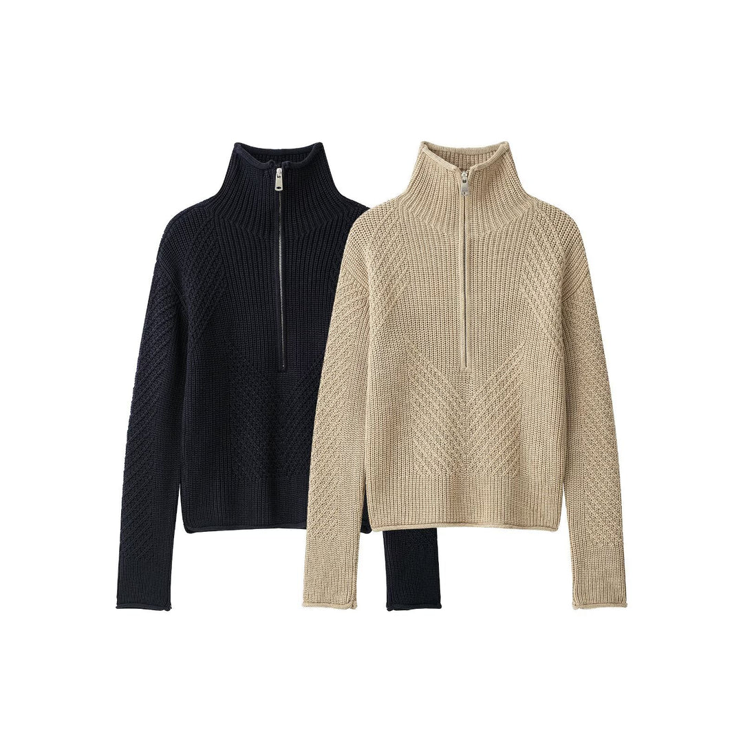 Damen Grobstrick-Pullover mit halbem Reißverschluss und hohem Stehkragen Shop Nory