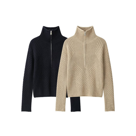 Damen Grobstrick-Pullover mit halbem Reißverschluss und hohem Stehkragen Shop Nory
