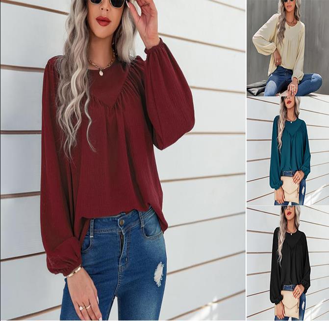 Damen Lässiges Viskose-Blusenshirt mit Rundhals und Ballonärmeln Shop Nory