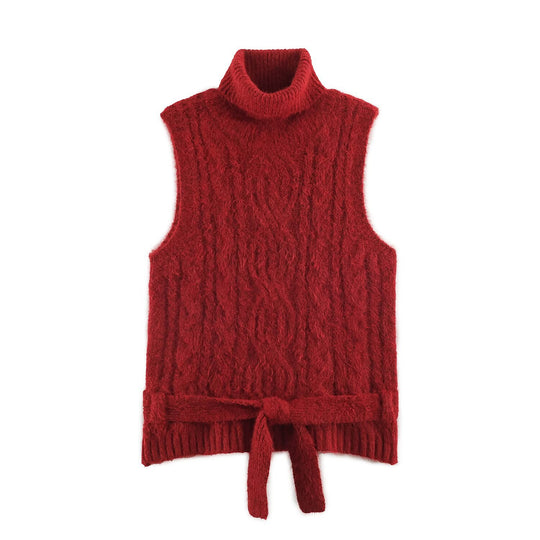 Damen Ärmellose Zopfstrick-Weste mit Rollkragen und Bindegürtel Shop Nory