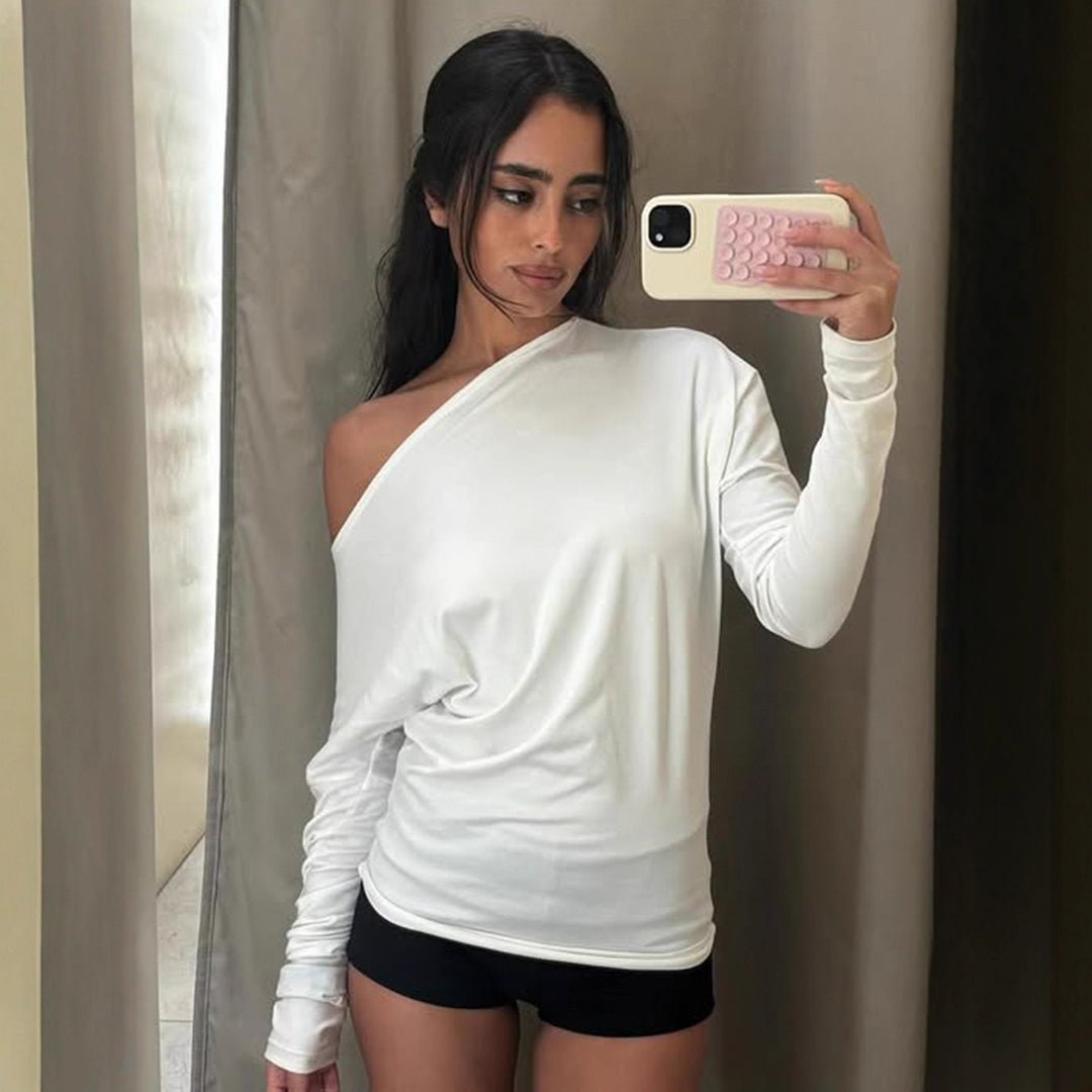 Damen nan asymmetrisches Off-Shoulder Longsleeve mit taillierter Silhouette und Daumenloch-Ärmeln Shop Nory