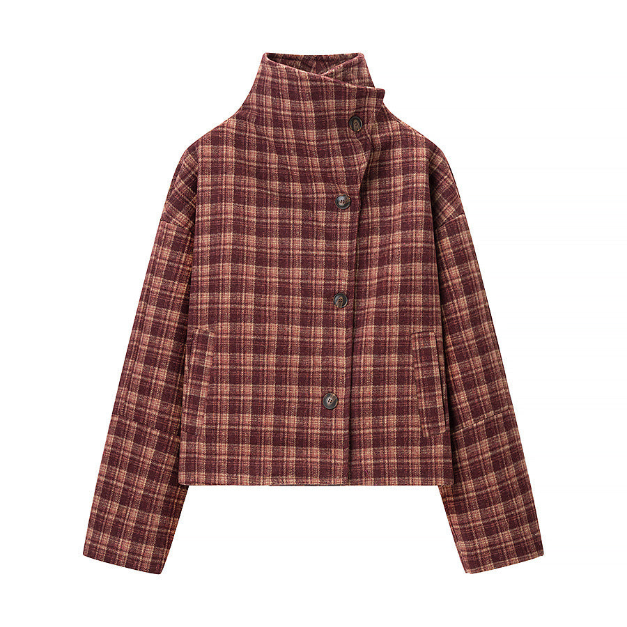 Damen Kurzjacke im Karomuster mit Boxy‑Schnitt, Stehkragen und asymmetrischer Knopfleiste Shop Nory