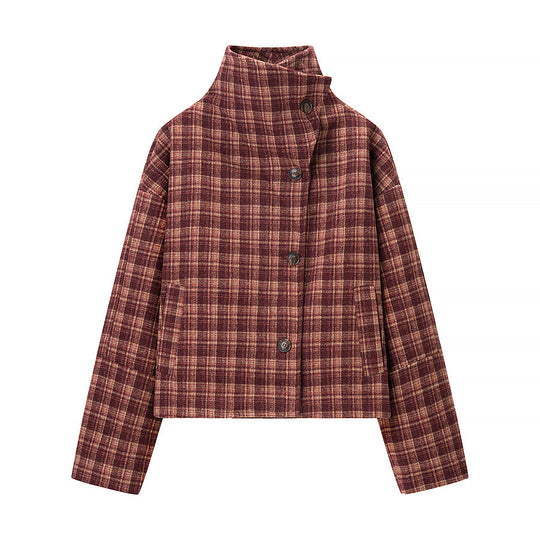 Damen Kurzjacke im Karomuster mit Boxy‑Schnitt, Stehkragen und asymmetrischer Knopfleiste Shop Nory