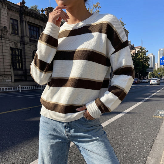 Damen Oversize-Strickpullover mit breiten Blockstreifen und Rundhalsausschnitt Shop Nory