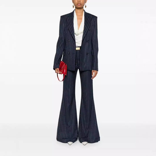 Damen Nadelstreifen Zweireihiger Blazer mit High‑Waist Schlaghose Shop Nory