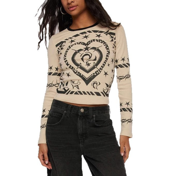 Damen Cropped-Langarmshirt mit figurbetontem Schnitt und Allover-Herzprint Shop Nory