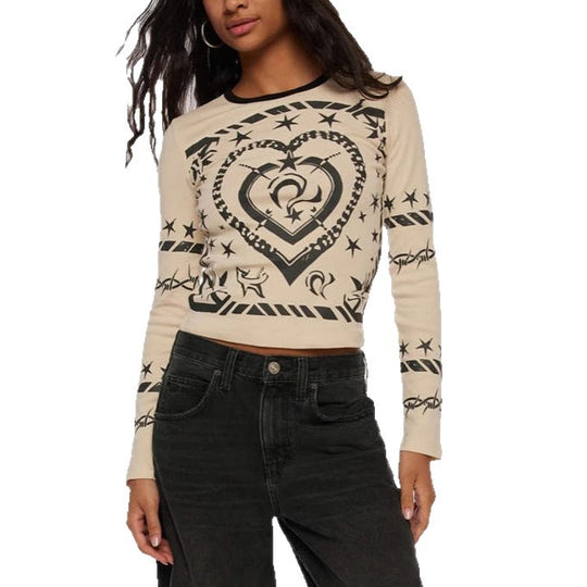 Damen Cropped-Langarmshirt mit figurbetontem Schnitt und Allover-Herzprint Shop Nory