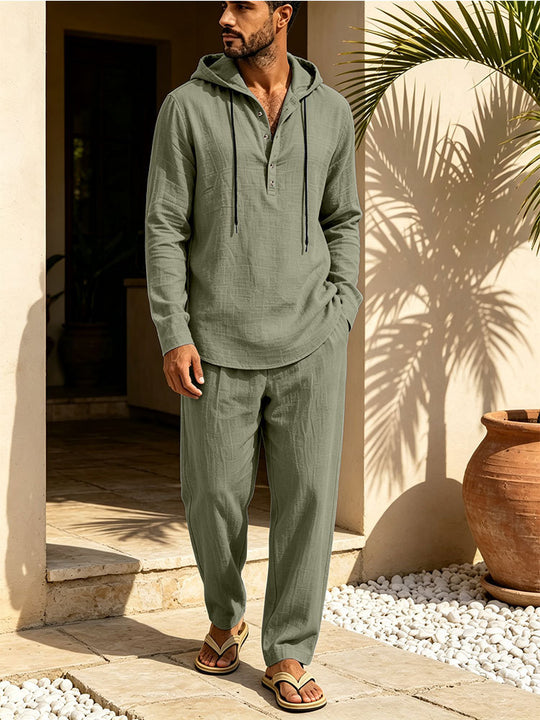 Herren Lässiges Leinen-Look Freizeit-Set mit Kapuzenhemd und weiten Hosen Shop Nory