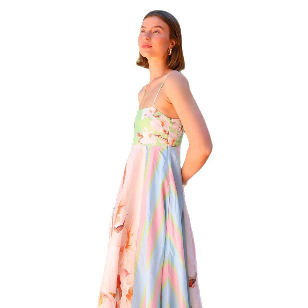 Damen Maxikleid mit floralem und gestreiftem Design