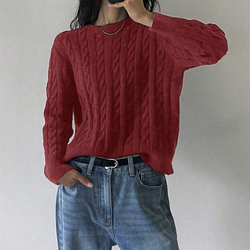 Damen Grobstrickpullover mit Zopfmuster und weiten Ärmeln