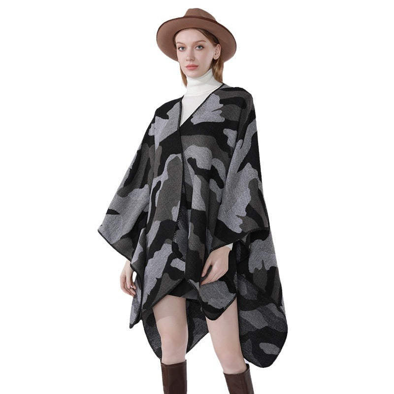 Damen Oversize-Cape mit Camouflage-Jacquard, offener Kimono-Fall und Ziernaht Shop Nory