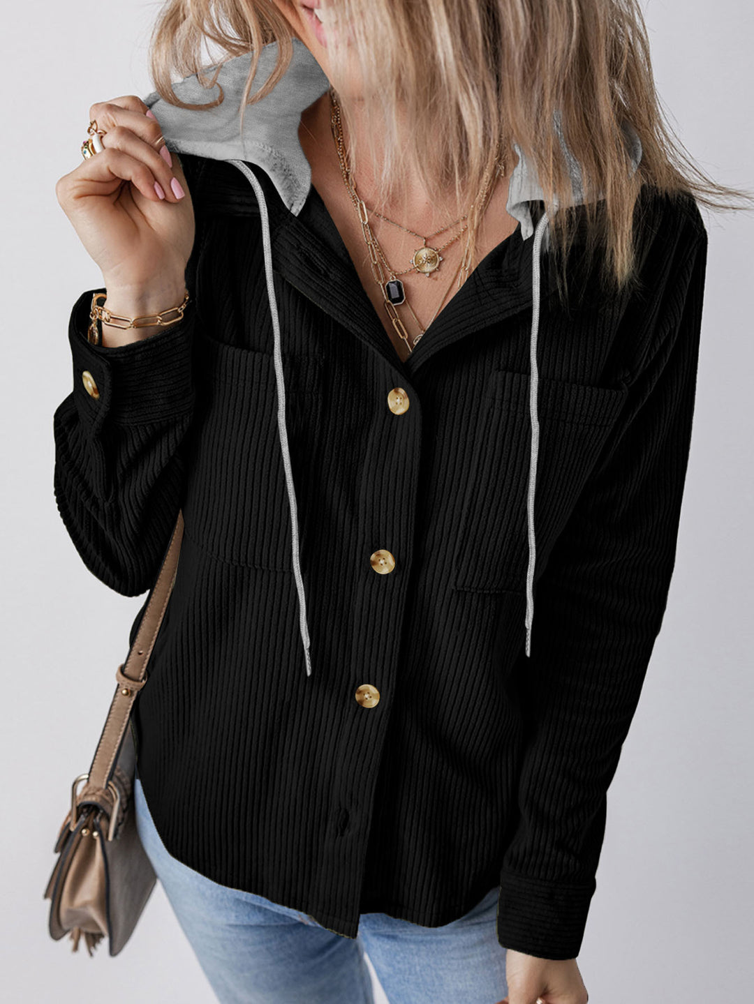 Damen Gerippte Hemdjacke mit Kapuze, Knopfleiste und aufgesetzten Taschen Shop Nory