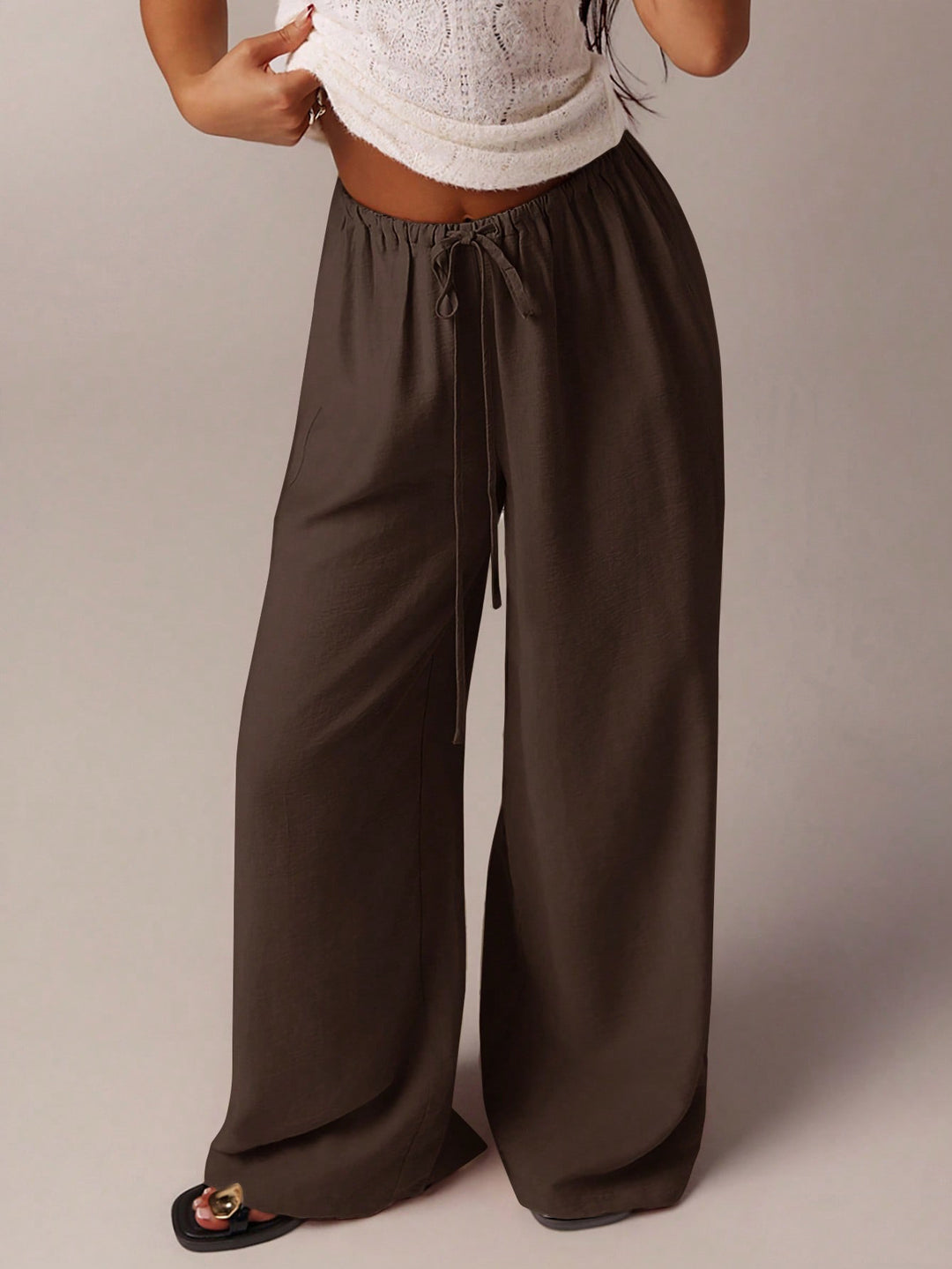 Damen Weite Leinenoptik-Hose mit hohem Elastikbund und Kordelzug Shop Nory