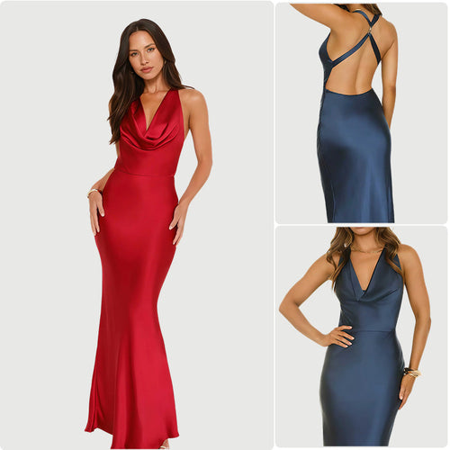Damen Elegantes Satin Abendkleid mit tiefem Wasserfall-Ausschnitt und figurbetontem Schnitt Shopnory