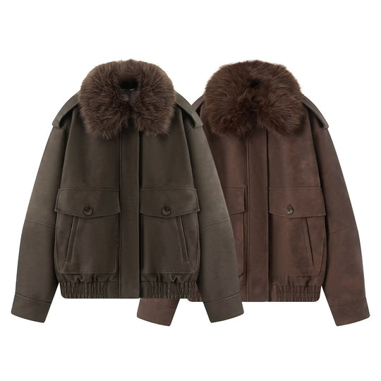 Damen Oversize-Bomberjacke aus Wildlederoptik mit abnehmbarem Fellkragen Shop Nory