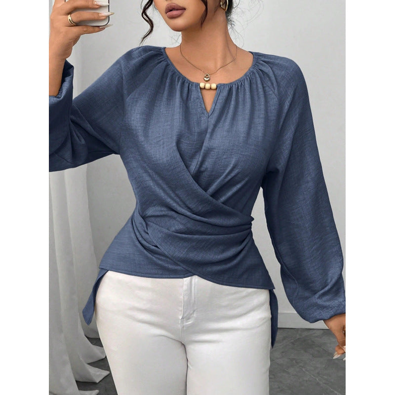 Damen Taillierte Wickelbluse mit Perlendetail und Ballonärmeln Shop Nory