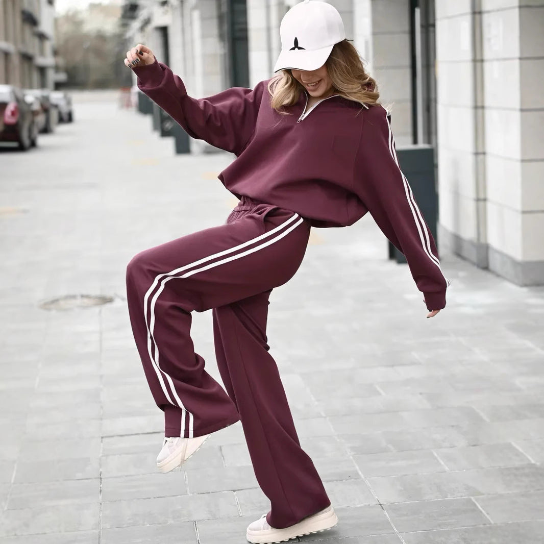 Damen Lässiges Sweat-Set mit Stehkragen, Ballonärmeln und Seitenstreifen Shop Nory